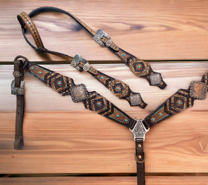 MOUSM Argentina Cow Leather Headstall and Breast Collar Set for Horse, Western Headstall Set Decorated with Geometrical Flower Carving, Antique Copper Conchos