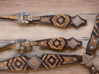 MOUSM Argentina Cow Leather Headstall and Breast Collar Set for Horse, Western Headstall Set Decorated with Geometrical Flower Carving, Antique Copper Conchos