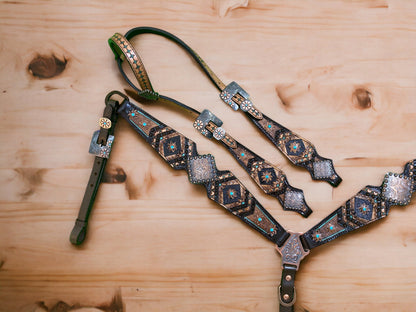 MOUSM Argentina Cow Leather Headstall and Breast Collar Set for Horse, Western Headstall Set Decorated with Geometrical Flower Carving, Antique Copper Conchos