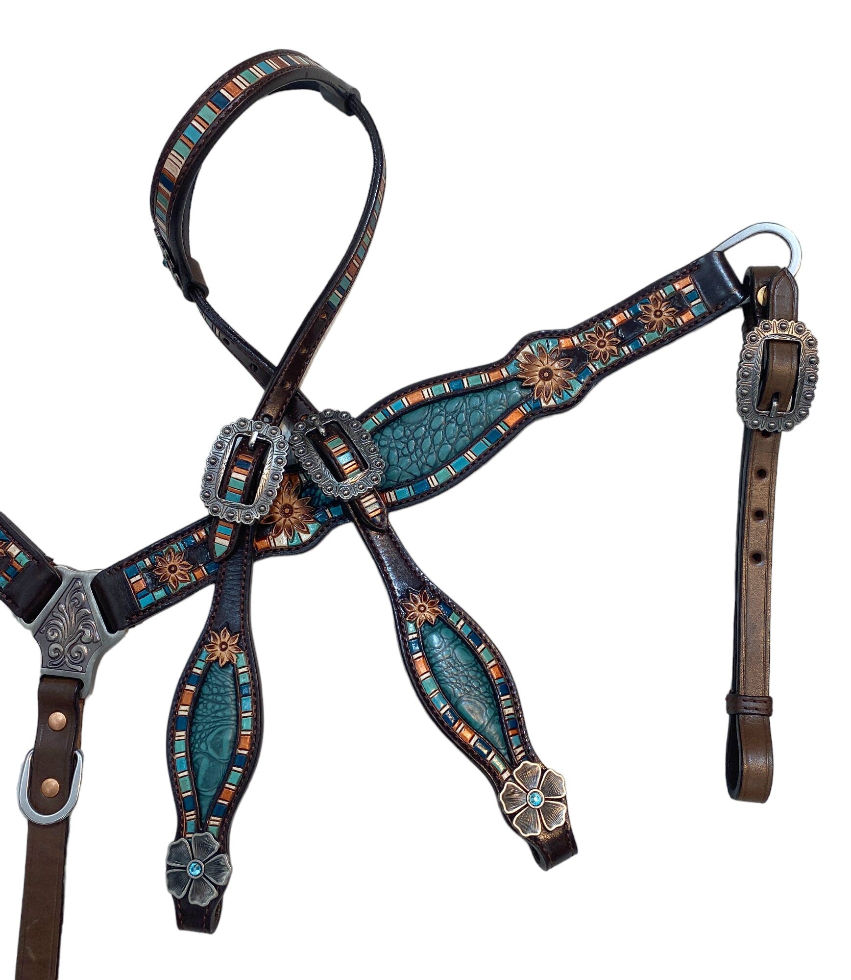 MOUSM Argentina Cow Leather Headstall &amp; Breast Collar Set for Horse, Western Headstall Set in Teal Alligator Design with Hand-Tooled Flower Craving