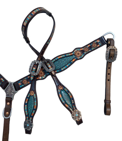 MOUSM Argentina Cow Leather Headstall &amp; Breast Collar Set for Horse, Western Headstall Set in Teal Alligator Design with Hand-Tooled Flower Craving