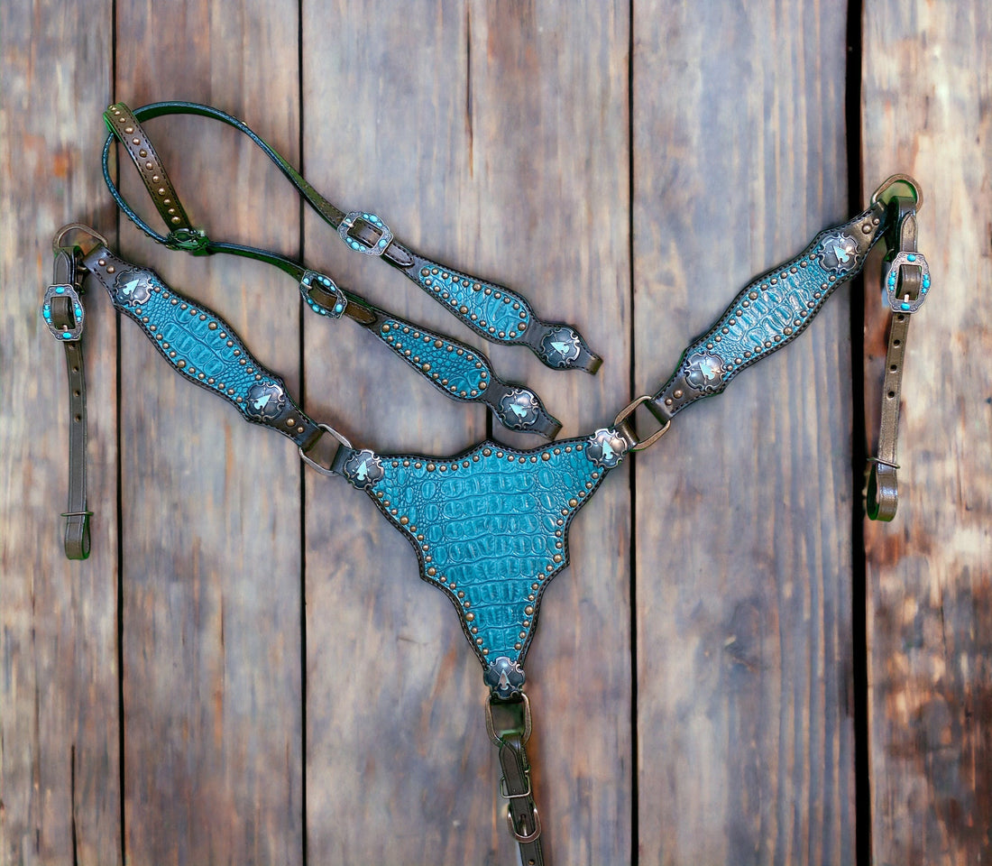 MOUSM Western Headstall &amp; Breast Collar Set – Made with Argentina Cow Leather, Western Horse Tack with Teal Alligator Accents &amp; Copper Studs