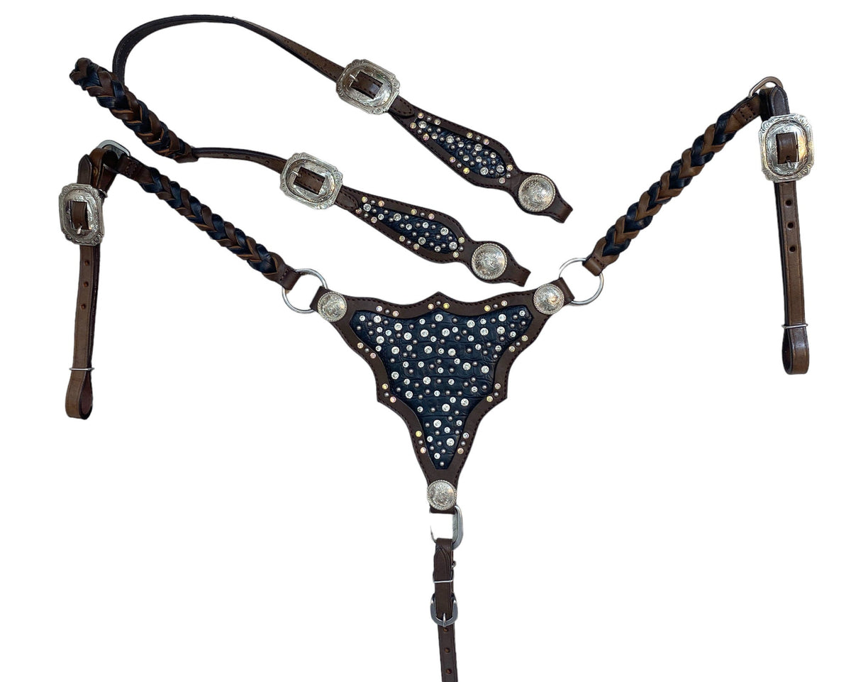 Black Alligator Accents Headstall Tack Set, Rawhide Buck Stitching