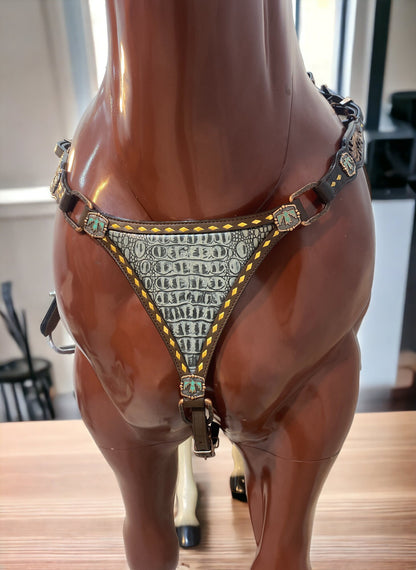 MOUSM Argentina Cow Leather Headstall and Breast Collar Set – Western Horse Tack with Thunderbird Hardware, Grey Alligator &amp; Filigree Carving