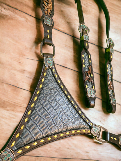 MOUSM Argentina Cow Leather Headstall and Breast Collar Set – Western Horse Tack with Thunderbird Hardware, Grey Alligator &amp; Filigree Carving