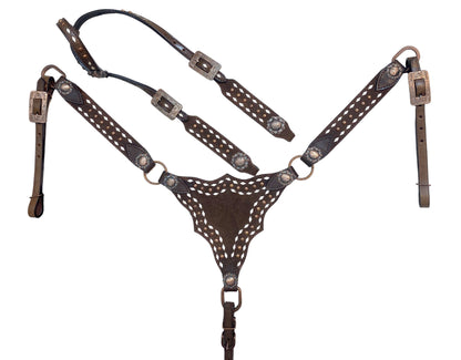 MOUSM Argentina Cow Leather Breast Collar and Headstall Set – Western Horse Bridle Set with White Rawhide Buck Stitching, Antique Copper Studs