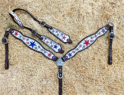 MOUSM Argentina Cow Leather Headstall &amp; Breast Collar Set – Western Horse Tack with Red &amp; Royal Star Design, Sparkling Rhinestones &amp; Antique Copper Hardware