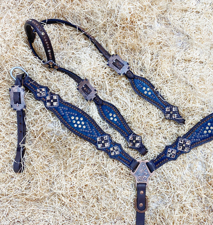 MOUSM Argentina Cow Leather Headstall &amp; Breast Collar Set – Western Horse Tack with Black Alligator Print, Topaz Rhinestones with Copper Studs