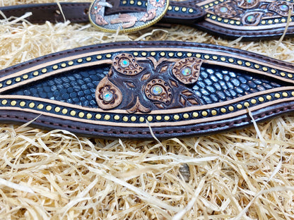 MOUSM Argentina Cow Leather Headstall &amp; Breast Collar Set – Western Bridle with Paisley Carving with Nickel and Antique Copper Hardware