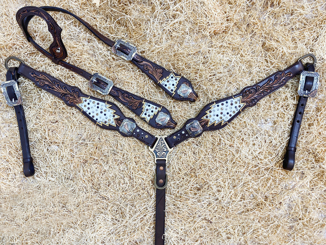 MOUSM Western Horse Headstall Breast Collar Set With Beautiful Hand-Tooled Floral Carving, Topaz Clear and Black Rhinestones