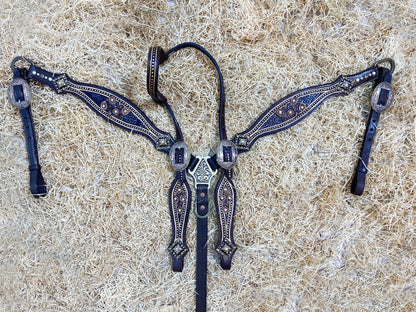 MOUSM Argentina Cow Leather Headstall &amp; Breast Collar Set – Western Bridle with Paisley Carving with Nickel and Antique Copper Hardware