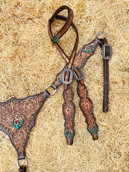 MOUSM Argentina Leather Headstall and Breast Collar Set for Horses, Western Horse Tack Set with Handcrafted Floral Tooling Overlay