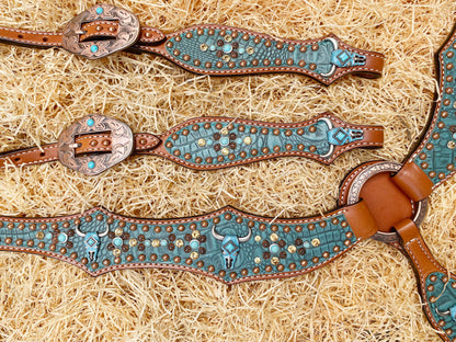 Leather Headstall and Breast Collar Set, Western headstall with teal alligator and Turquoise bull head hardware with studs overlay MOUSM