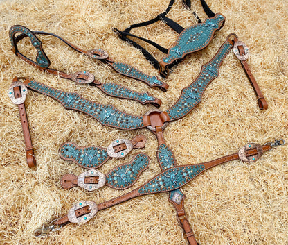 Leather Headstall and Breast Collar Set, Western headstall with teal alligator and Turquoise bull head hardware with studs overlay MOUSM