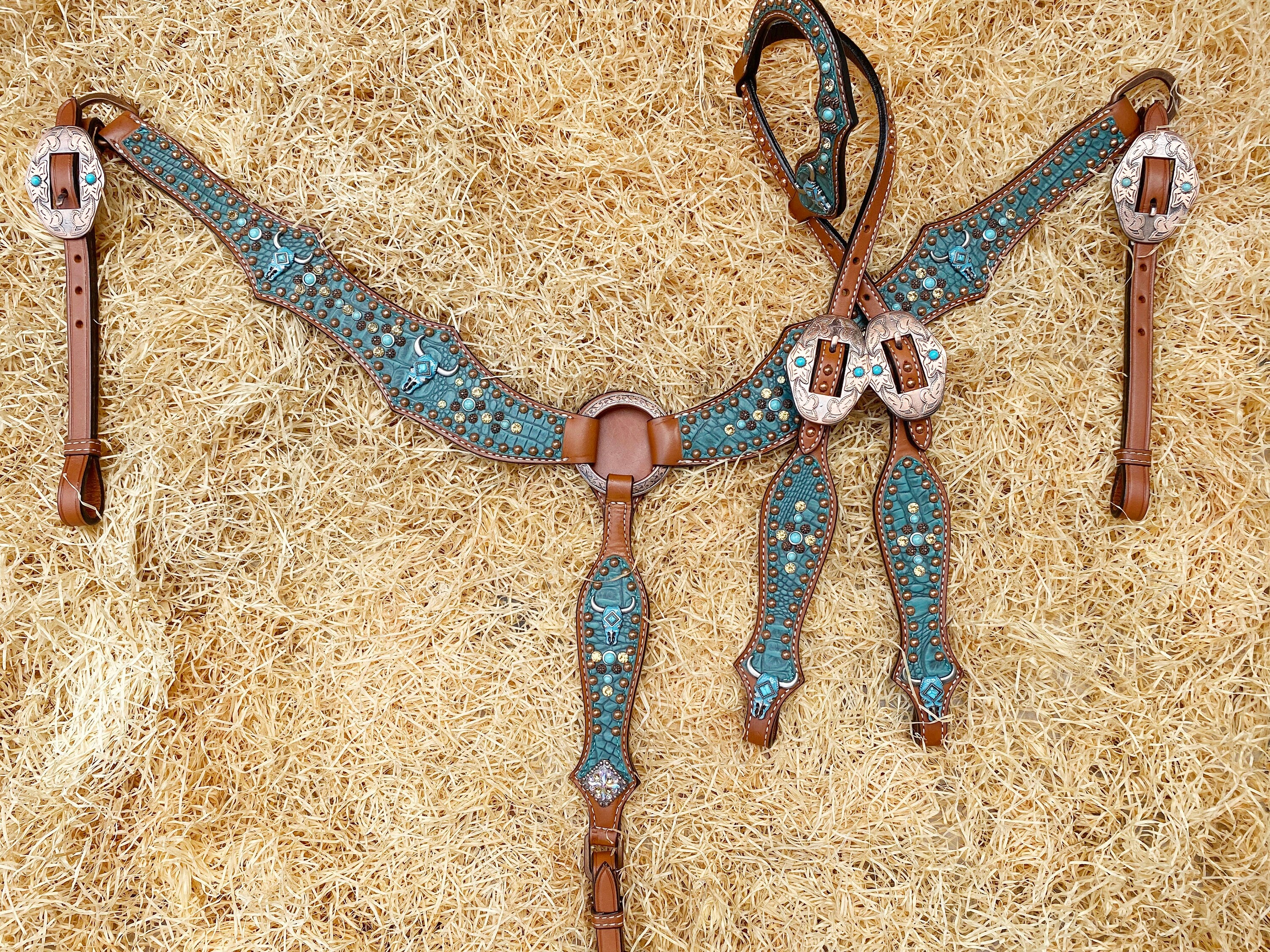 Leather Headstall and Breast Collar Set, Western headstall with teal alligator and Turquoise bull head hardware with studs overlay MOUSM