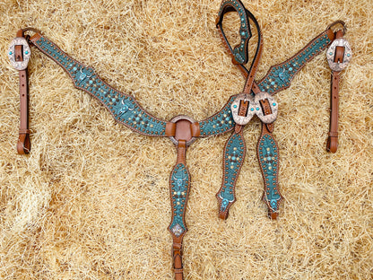 Leather Headstall and Breast Collar Set, Western headstall with teal alligator and Turquoise bull head hardware with studs overlay MOUSM