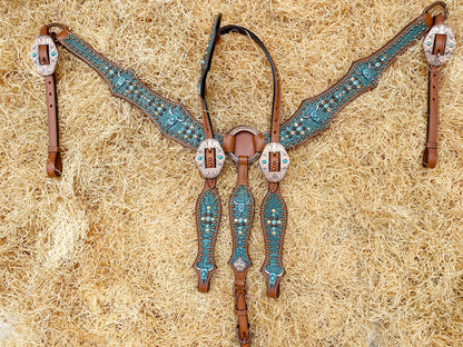Leather Headstall and Breast Collar Set, Western headstall with teal alligator and Turquoise bull head hardware with studs overlay MOUSM