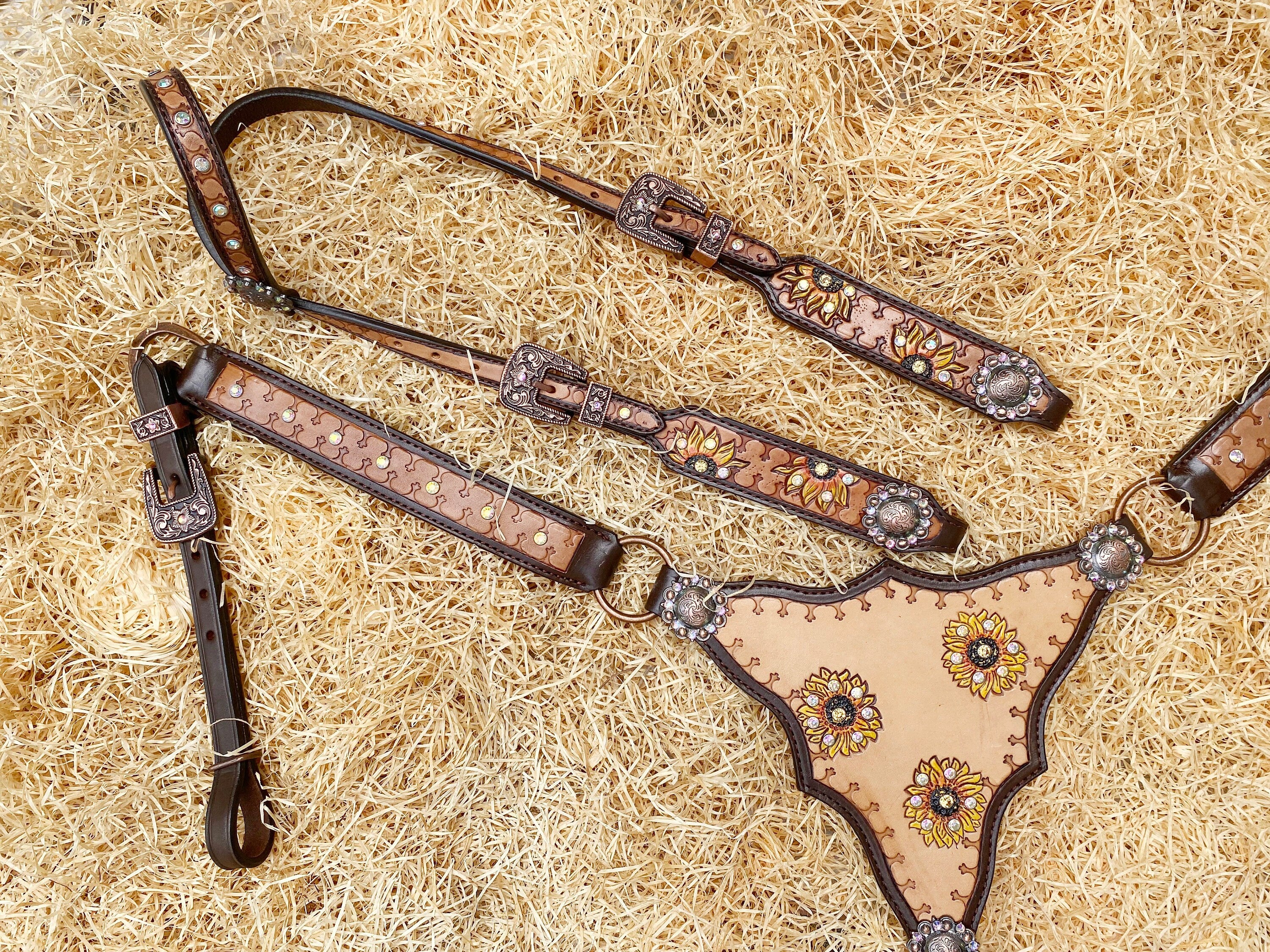 Genuine Leather Headstall and Breast Collar Set for horse with sunflower carving and geometrical tooling multicolor stones overlay MOUSM