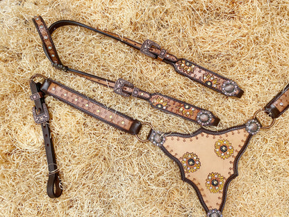 Genuine Leather Headstall and Breast Collar Set for horse with sunflower carving and geometrical tooling multicolor stones overlay MOUSM