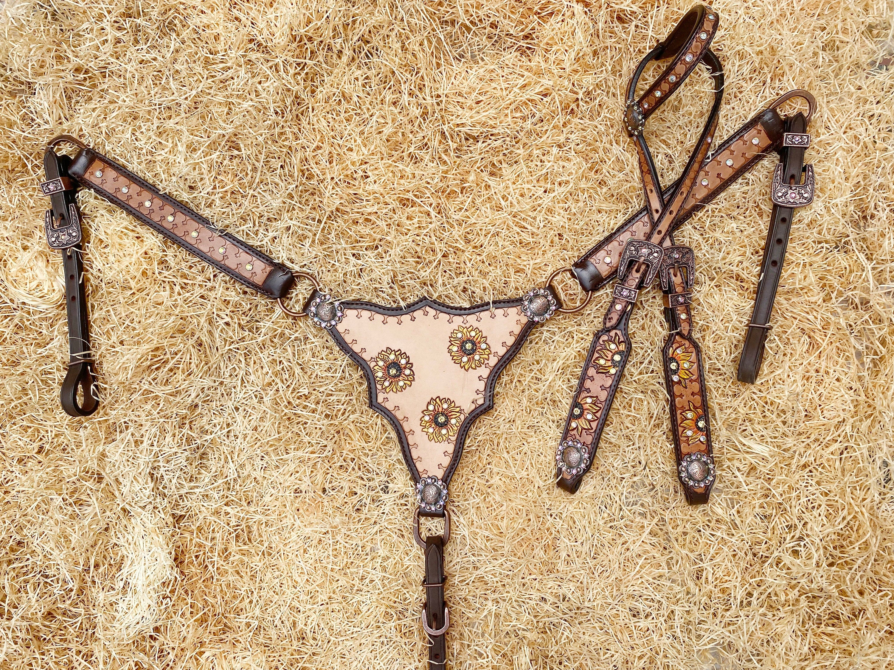 Genuine Leather Headstall and Breast Collar Set for horse with sunflower carving and geometrical tooling multicolor stones overlay MOUSM