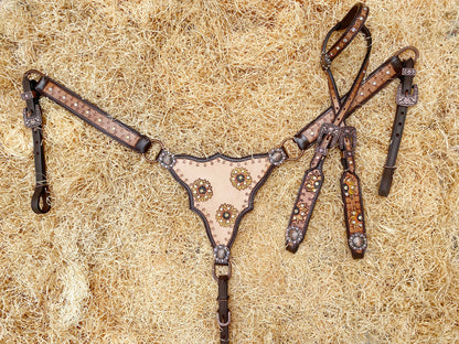 Genuine Leather Headstall and Breast Collar Set for horse with sunflower carving and geometrical tooling multicolor stones overlay MOUSM