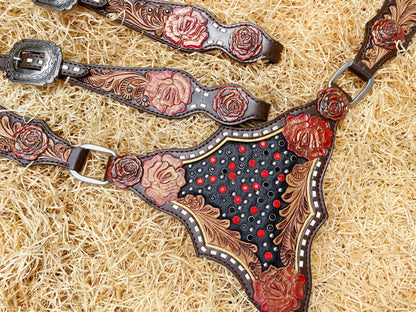 Genuine Leather Headstall and Breast Collar Set horse, Western headstall with Rose carving and rose hardware with red stones overlay MOUSM