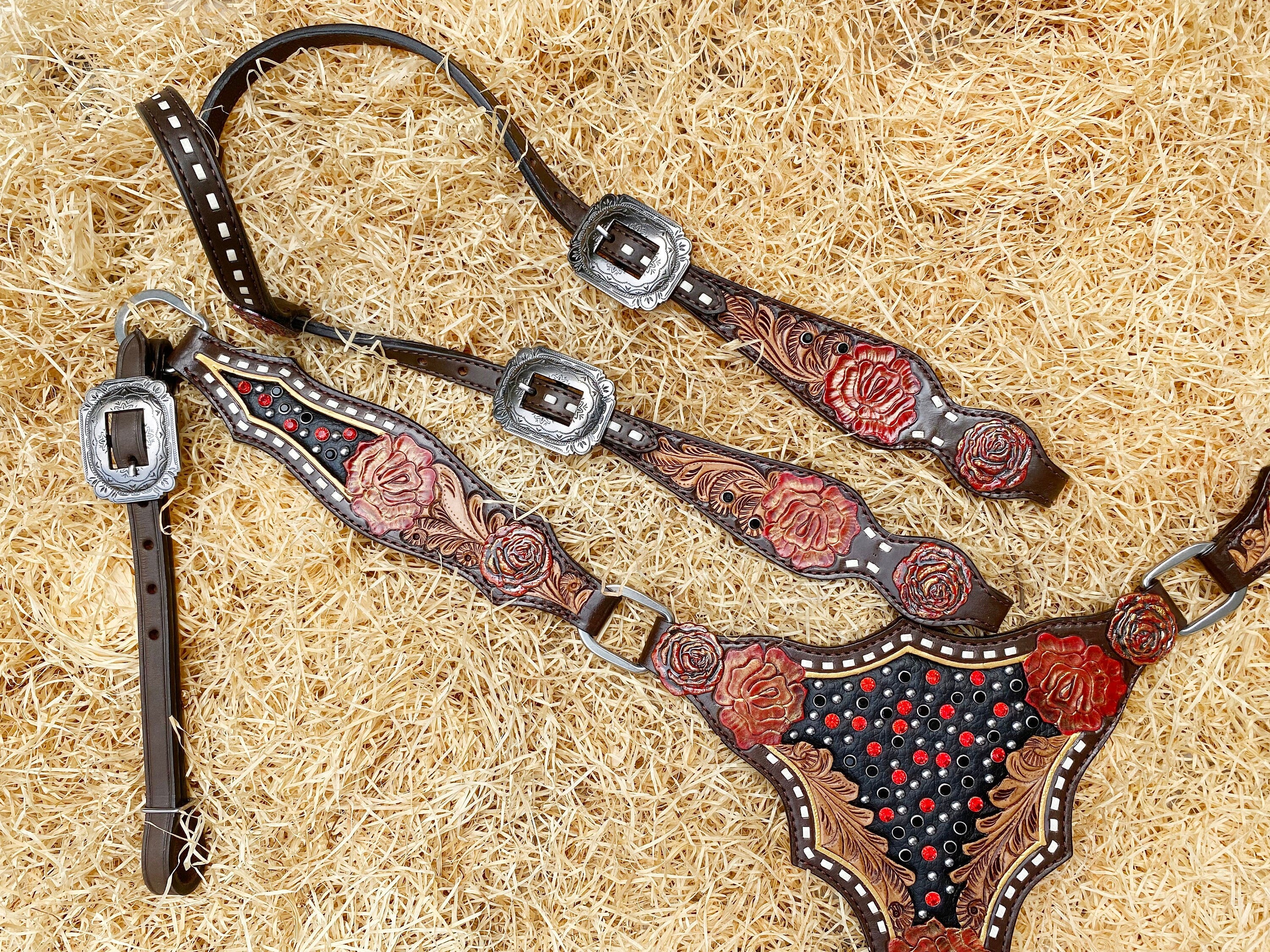Genuine Leather Headstall and Breast Collar Set horse, Western headstall with Rose carving and rose hardware with red stones overlay MOUSM