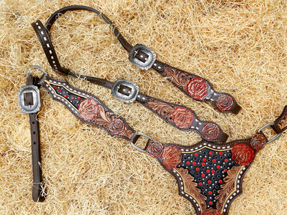 Genuine Leather Headstall and Breast Collar Set horse, Western headstall with Rose carving and rose hardware with red stones overlay MOUSM