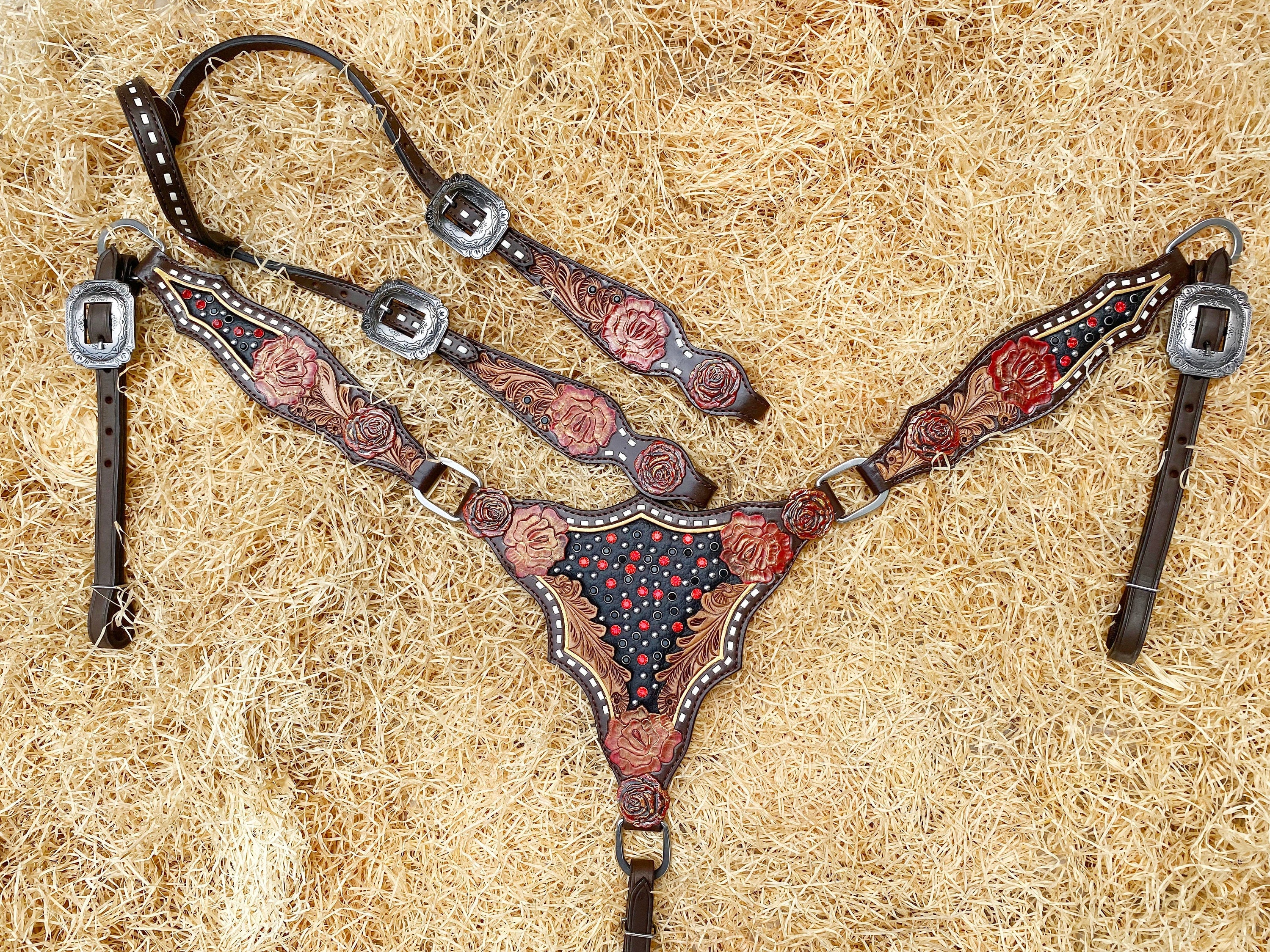 Genuine Leather Headstall and Breast Collar Set horse, Western headstall with Rose carving and rose hardware with red stones overlay MOUSM