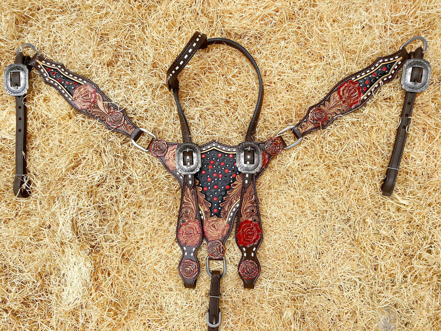 Genuine Leather Headstall and Breast Collar Set horse, Western headstall with Rose carving and rose hardware with red stones overlay MOUSM