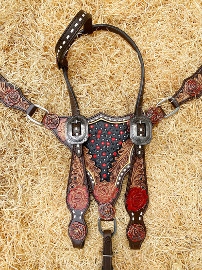 Genuine Leather Headstall and Breast Collar Set horse, Western headstall with Rose carving and rose hardware with red stones overlay MOUSM