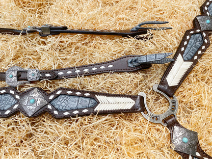 MOUSM Argentina Cow Leather Headstall &amp; Breast Collar Set – Western Horse Tack Set Decorated with Rawhide Geometrical Grading and Grey Alligator Overlay, Antique Nickel &amp; Steel Hardware