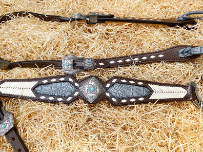 MOUSM Argentina Cow Leather Headstall &amp; Breast Collar Set – Western Horse Tack Set Decorated with Rawhide Geometrical Grading and Grey Alligator Overlay, Antique Nickel &amp; Steel Hardware