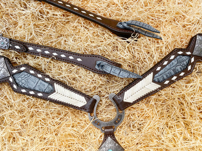 MOUSM Argentina Cow Leather Headstall &amp; Breast Collar Set – Western Horse Tack Set Decorated with Rawhide Geometrical Grading and Grey Alligator Overlay, Antique Nickel &amp; Steel Hardware