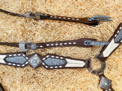 MOUSM Argentina Cow Leather Headstall &amp; Breast Collar Set – Western Horse Tack Set Decorated with Rawhide Geometrical Grading and Grey Alligator Overlay, Antique Nickel &amp; Steel Hardware