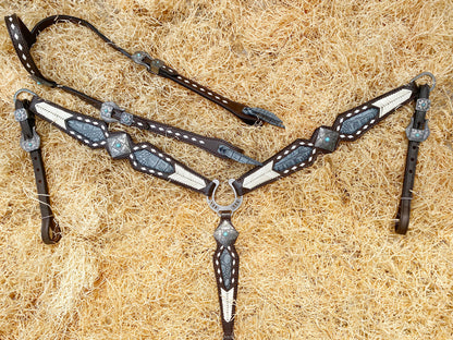 MOUSM Argentina Cow Leather Headstall &amp; Breast Collar Set – Western Horse Tack Set Decorated with Rawhide Geometrical Grading and Grey Alligator Overlay, Antique Nickel &amp; Steel Hardware