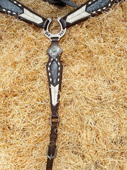 MOUSM Argentina Cow Leather Headstall &amp; Breast Collar Set – Western Horse Tack Set Decorated with Rawhide Geometrical Grading and Grey Alligator Overlay, Antique Nickel &amp; Steel Hardware