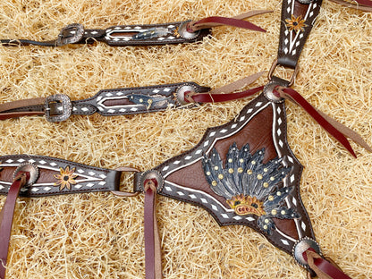 Leather Headstall and Breast Collar Set for horse, Western leather headstall with sunflower tooling along with string conchos overlay MOUSM
