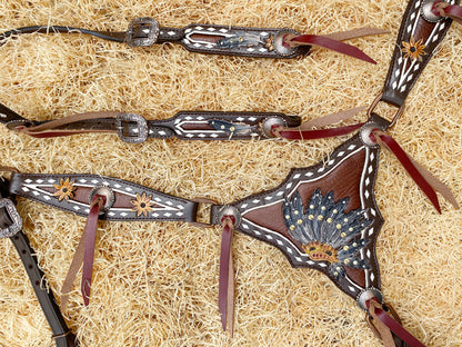 Leather Headstall and Breast Collar Set for horse, Western leather headstall with sunflower tooling along with string conchos overlay MOUSM