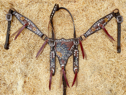 Leather Headstall and Breast Collar Set for horse, Western leather headstall with sunflower tooling along with string conchos overlay MOUSM