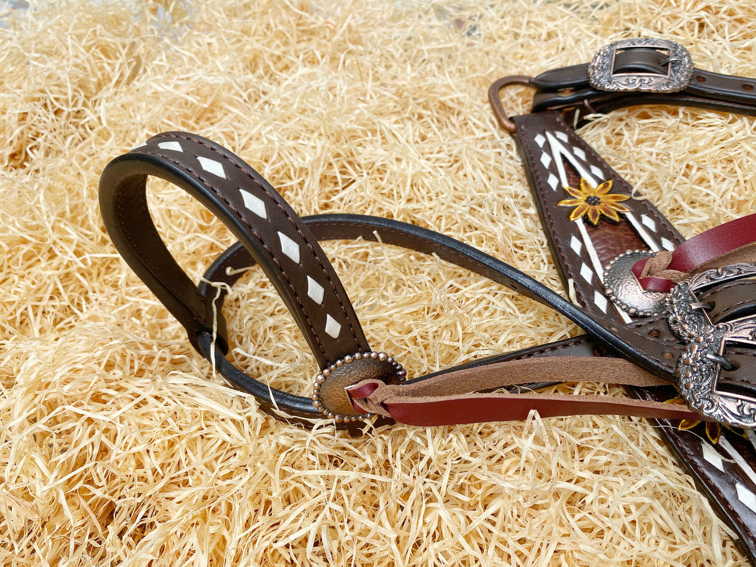 Leather Headstall and Breast Collar Set for horse, Western leather headstall with sunflower tooling along with string conchos overlay MOUSM