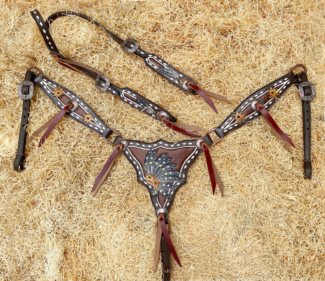 MOUSM Argentina Cow Leather Western Headstall &amp; Breast Collar Set - Leather Headstall and Breast Collar Set for horse, Western Headstall with Sunflower Tooling Along with String Conchos Overlay