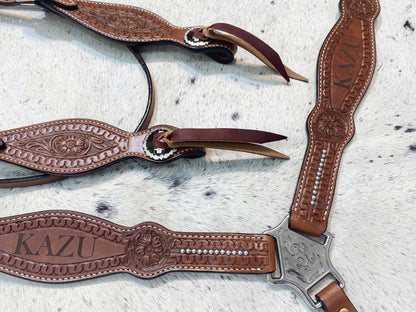 MOUSM Customized Leather Headstall and Breast Collar Set for your horse, Western leather custom headstall with loved Horse or rider name