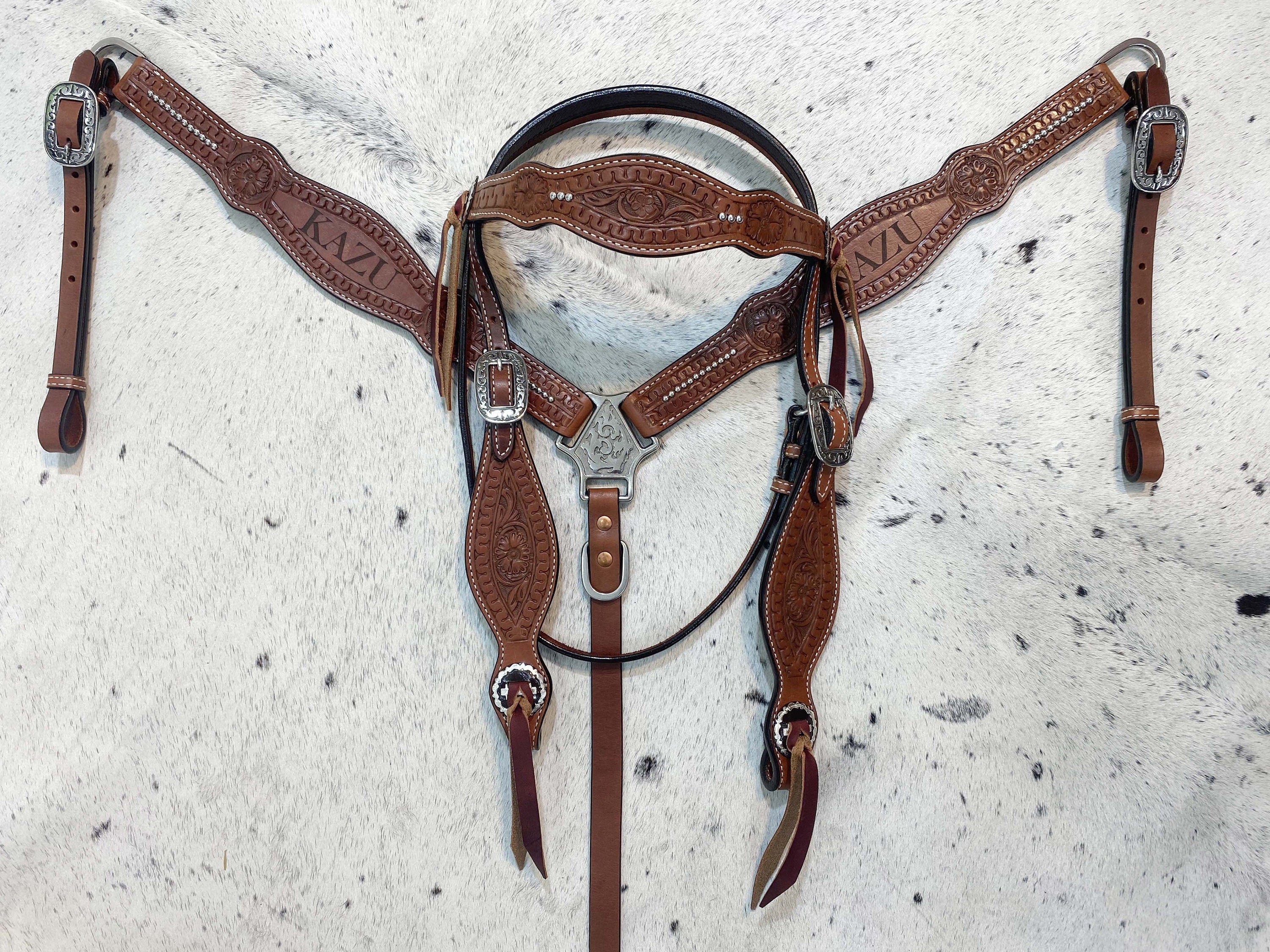 MOUSM Customized Leather Headstall and Breast Collar Set for your horse, Western leather custom headstall with loved Horse or rider name
