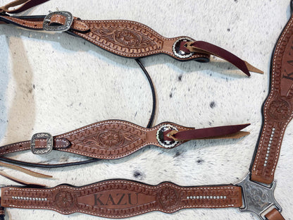 MOUSM Customized Leather Headstall and Breast Collar Set for your horse, Western leather custom headstall with loved Horse or rider name