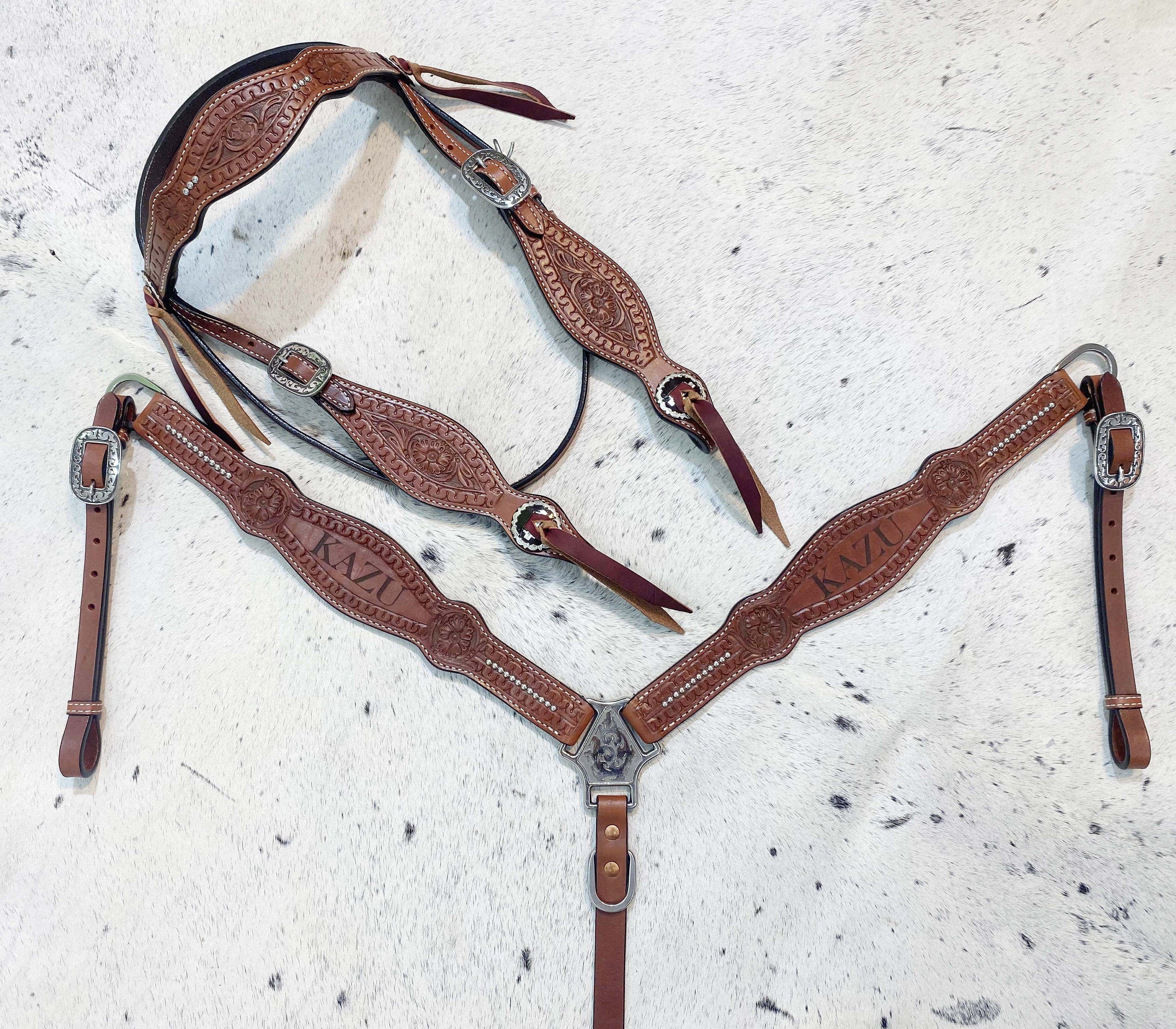 MOUSM Customized Leather Headstall and Breast Collar Set for your horse, Western leather custom headstall with loved Horse or rider name