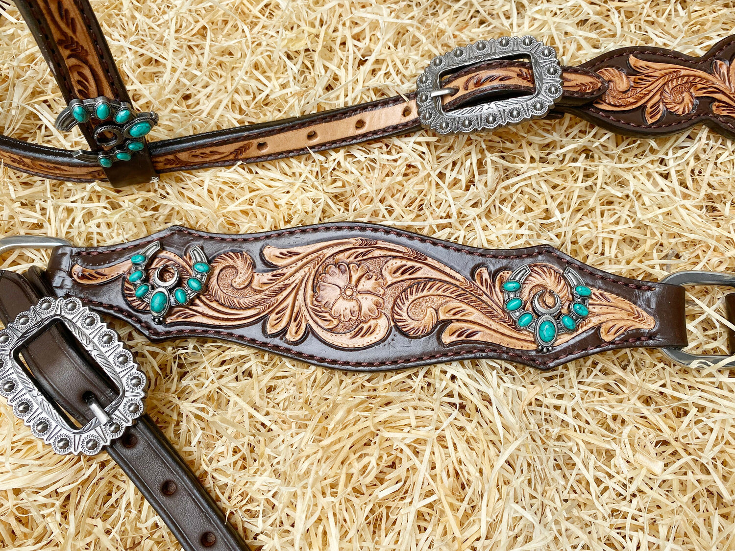 MOUSM Argentina Leather Headstall and Breast Collar Set for Horses, Western Horse Tack Set with Handcrafted Floral Tooling Overlay