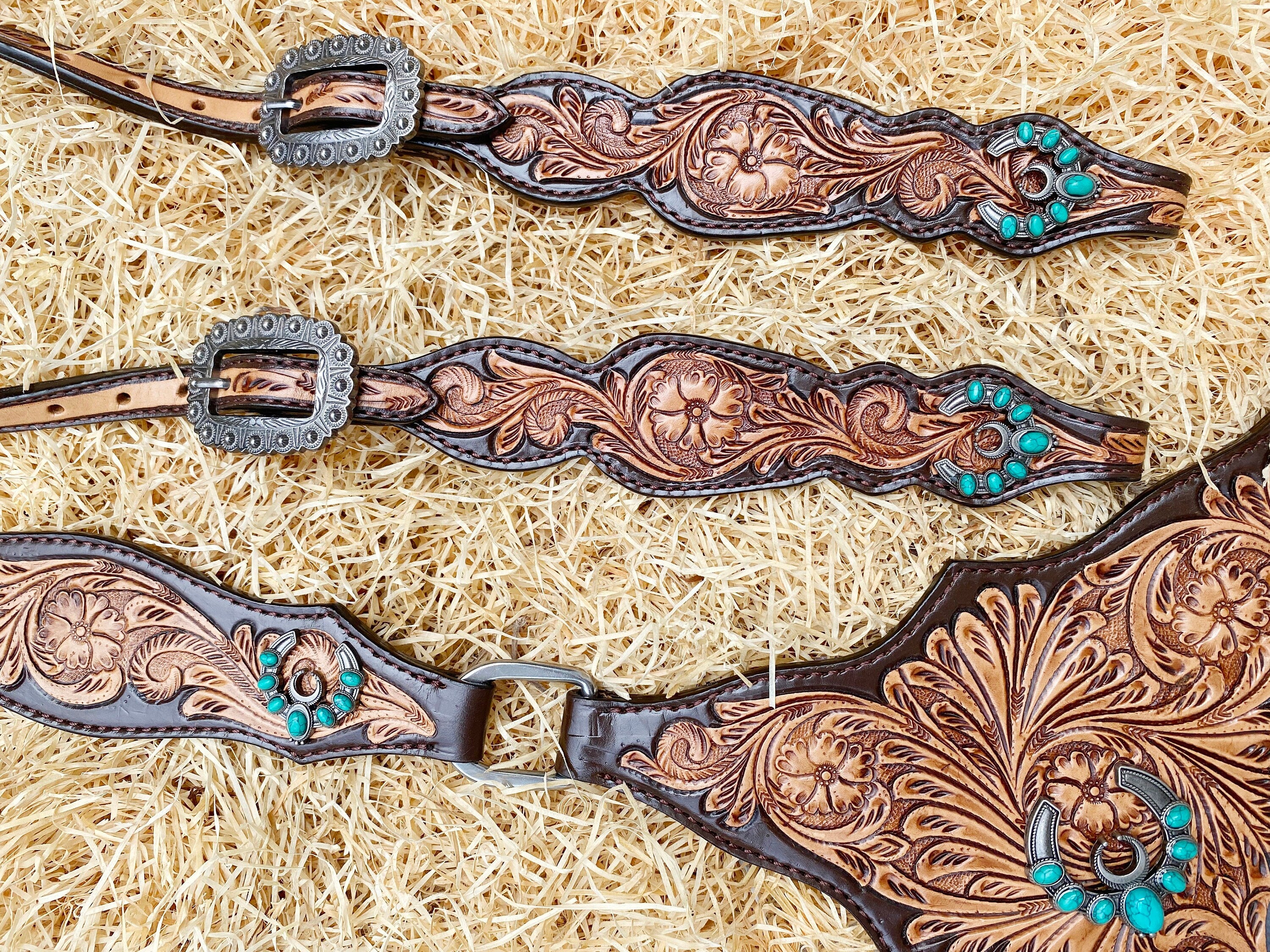 MOUSM Argentina Leather Headstall and Breast Collar Set for Horses, Western Horse Tack Set with Handcrafted Floral Tooling Overlay