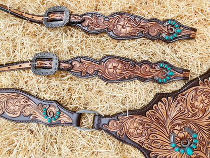 MOUSM Argentina Leather Headstall and Breast Collar Set for Horses, Western Horse Tack Set with Handcrafted Floral Tooling Overlay