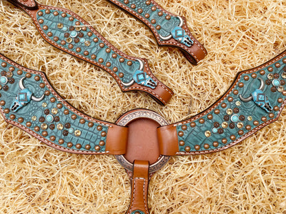 Leather Headstall and Breast Collar Set, Western headstall with teal alligator and Turquoise bull head hardware with studs overlay MOUSM